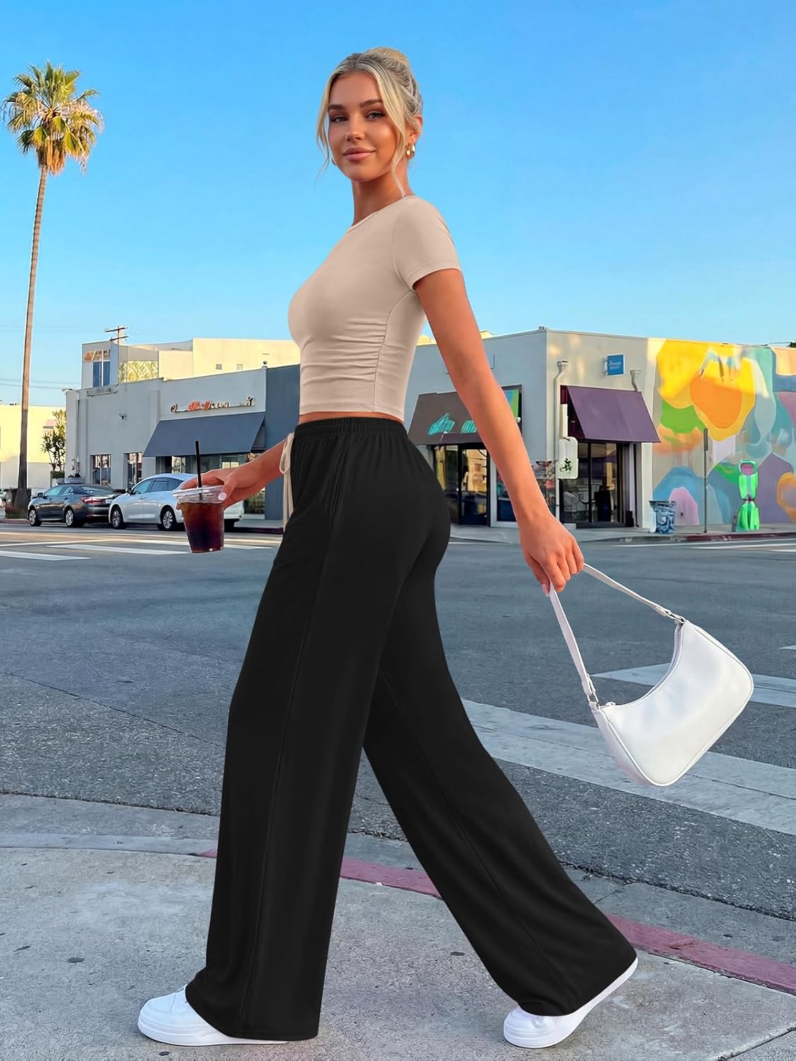 Trendy Queen 2 Piece Summer Sweatsuit Set - Women's Wide Leg Pants & Ruching Crop Top