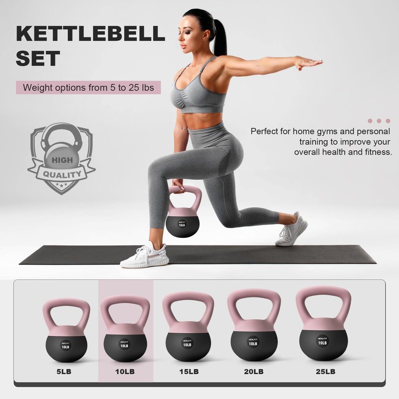 NEALFIT Soft Kettlebell 5LB/10LB/15LB/20LB/25LB, Kettlebells for Home Gym Strength Training, Anti-Slip Fitness Weights for Men Women (25LB Pink-Graphite Black)