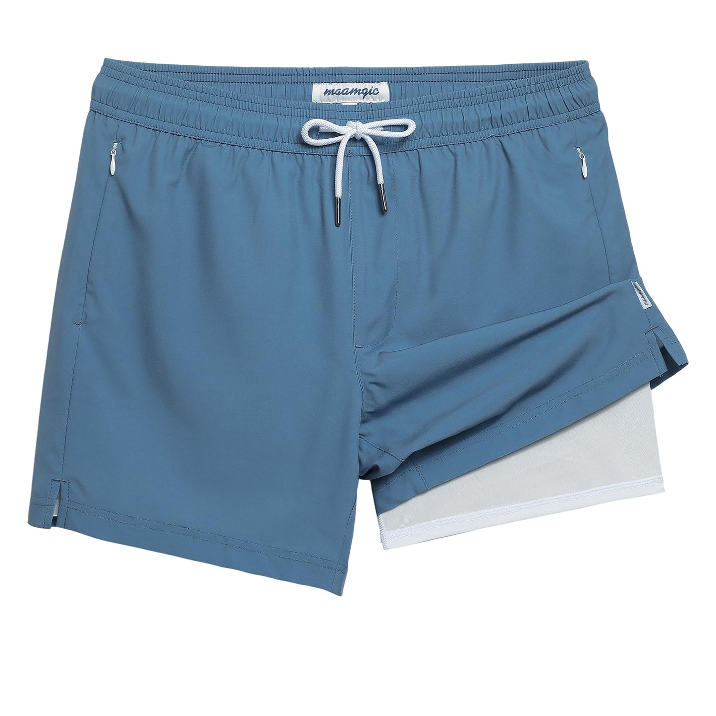 maamgic 5inch Mens Swimming Trunks with Compression Liner 2-in-1 Swim Trunks Stretch Quick Dry Swim Shorts with Zipper Pockets Blue and White Medium