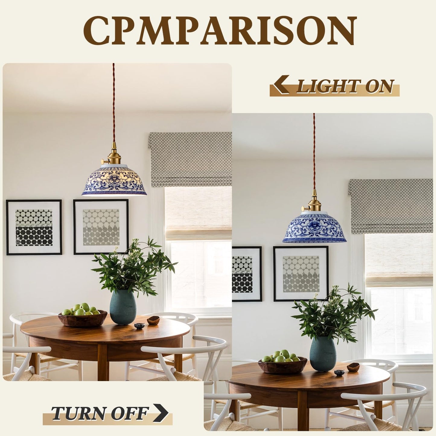 7in Ceramic Pendant Light, Chinese Blue and White Porcelain Pendant Light fixtures, Bedside Light, Hanging lamp for Kitchen Island Light Fixture, Home Bedroom Dining Room Ceiling Hanging Light small