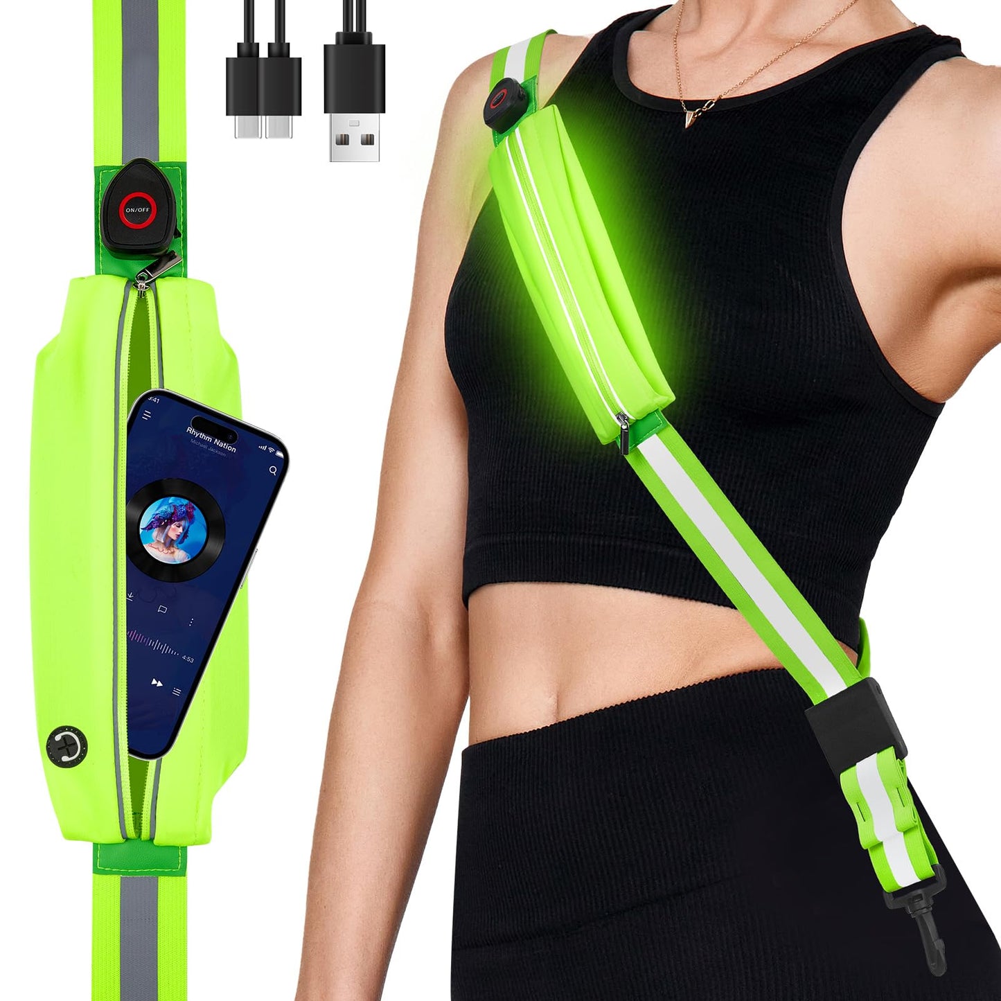 Fitense LED Reflective Belt Sash with Phone Holder, High Visibility Reflective Running Gear Rechargeable Light Up Safety Lights for Walkers for Runners Men Women