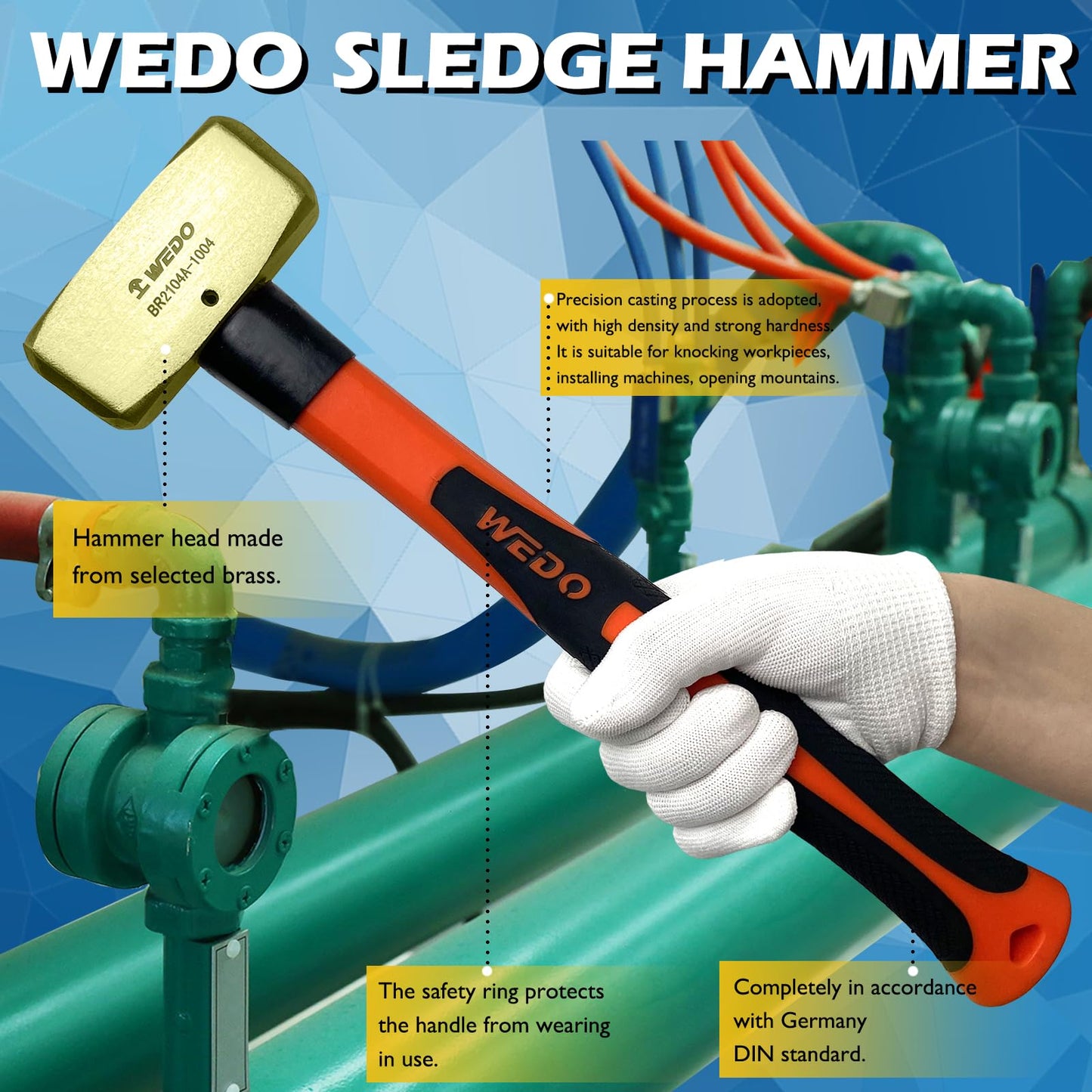 WEDO Brass Sledge Hammer 4 lb, Club Hammer with Fiberglass Handle, Drilling Hammer, Crack Hammer, Die-Forge, Corrosion Resistant, DIN Standard, 15" Length