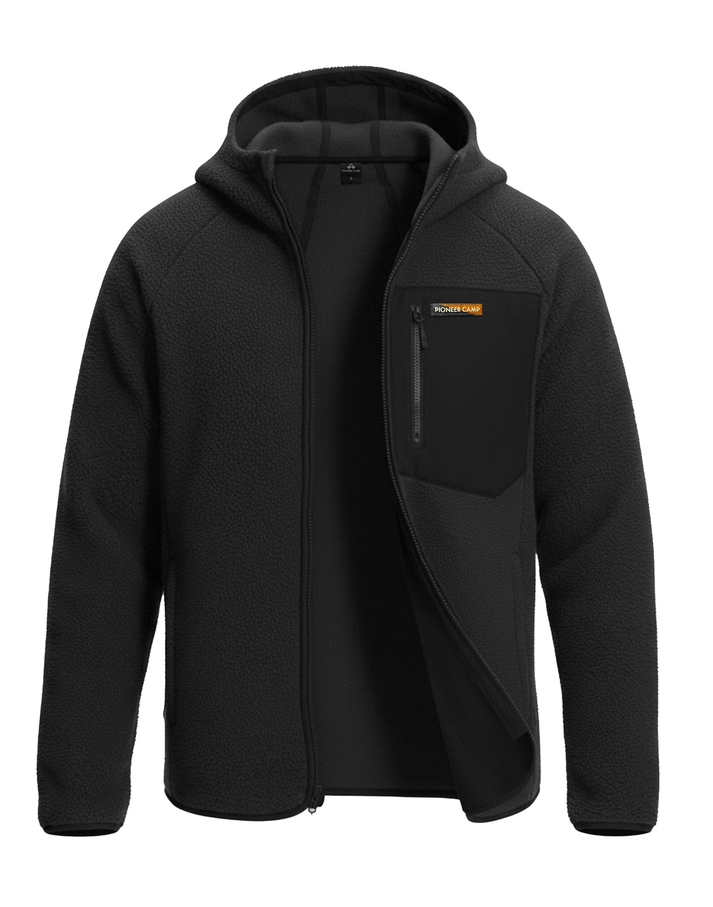 Pioneer Camp Men's Sherpa Fleece Full Zip Up Jacket with Hood Chest Pocket Winter Warm Thick Outwear Coat Hiking Climbing