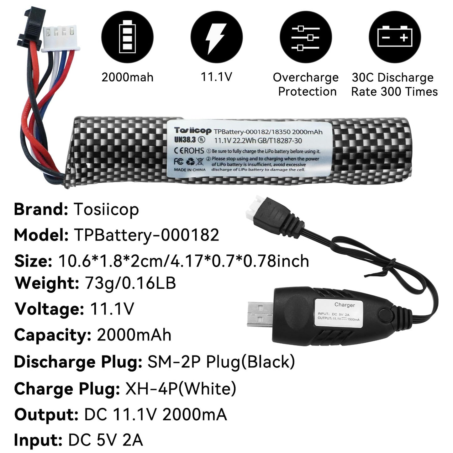 Tosiicop 11.1v Battery Gel Blaster - Airsoft Batteries 11.1 Volt 2000mAh with Charger and Mini Tamiya Connector to SM-2P Plug Conversion Cable for Water Bead Splatter Ball 2 Pcs