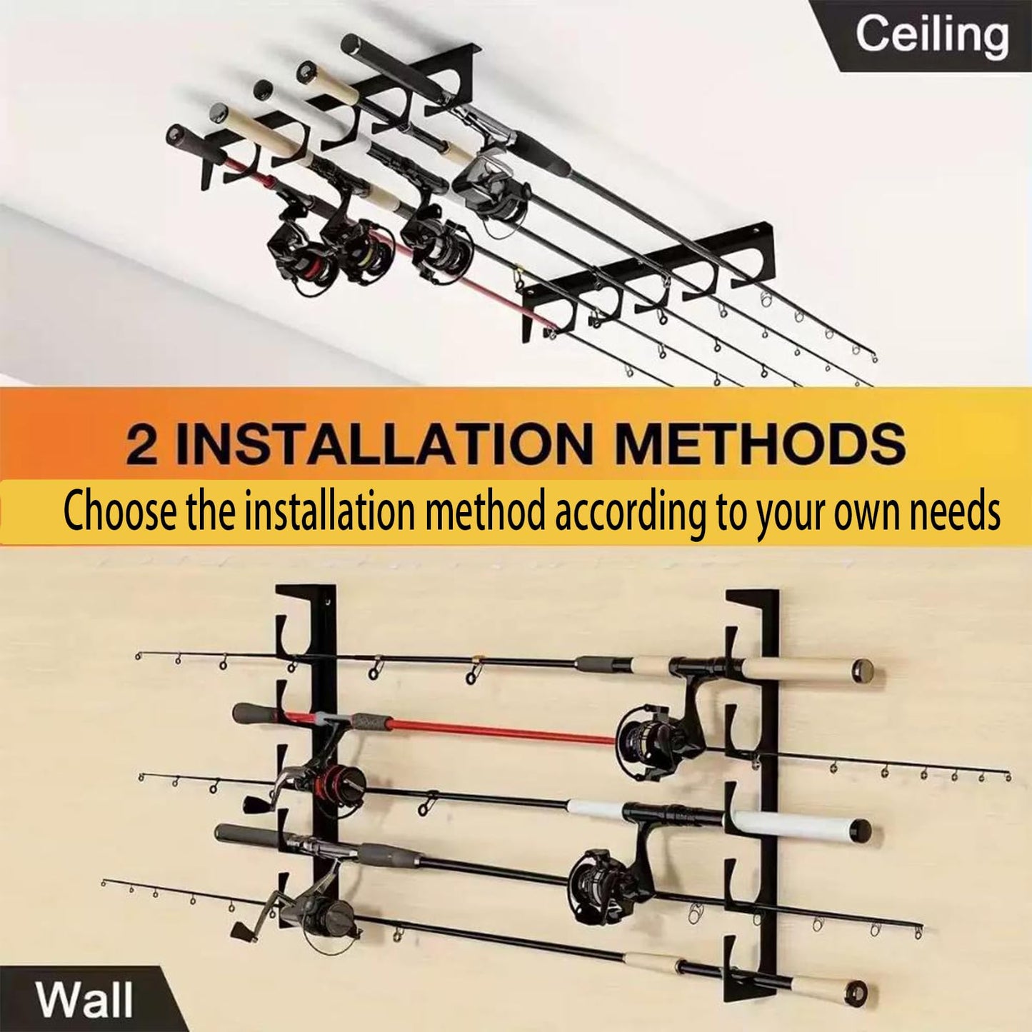 Syznoctil Fishing Pole Rod Racks Wall or Ceiling Mounted Fishing Pole Rod Holders for Garage Storage Organizer Fishing Gear Equipment for Men Women