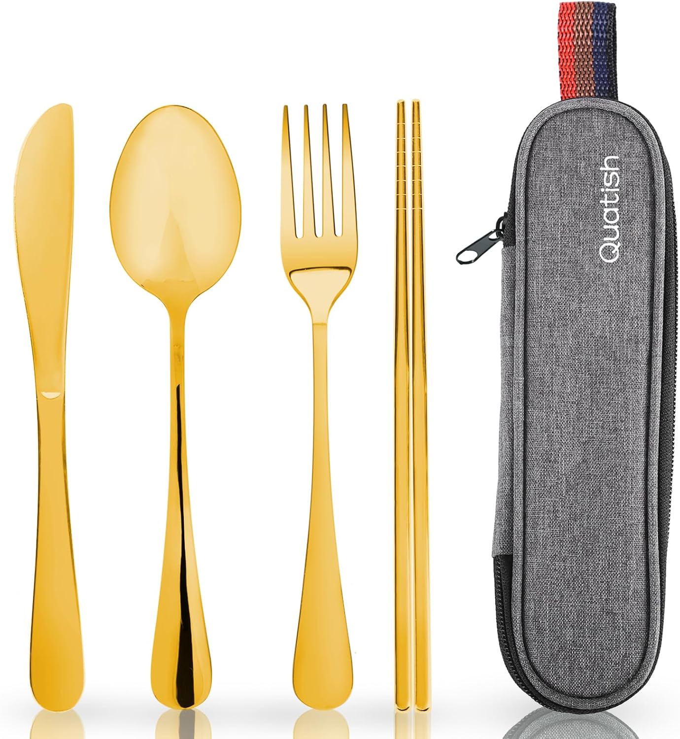 Quatish Portable Travel Utensils Set - Stainless Steel Reusable Cutlery with Case | Fork & Spoon for Camping, Picnic, Lunch Box - Gold
