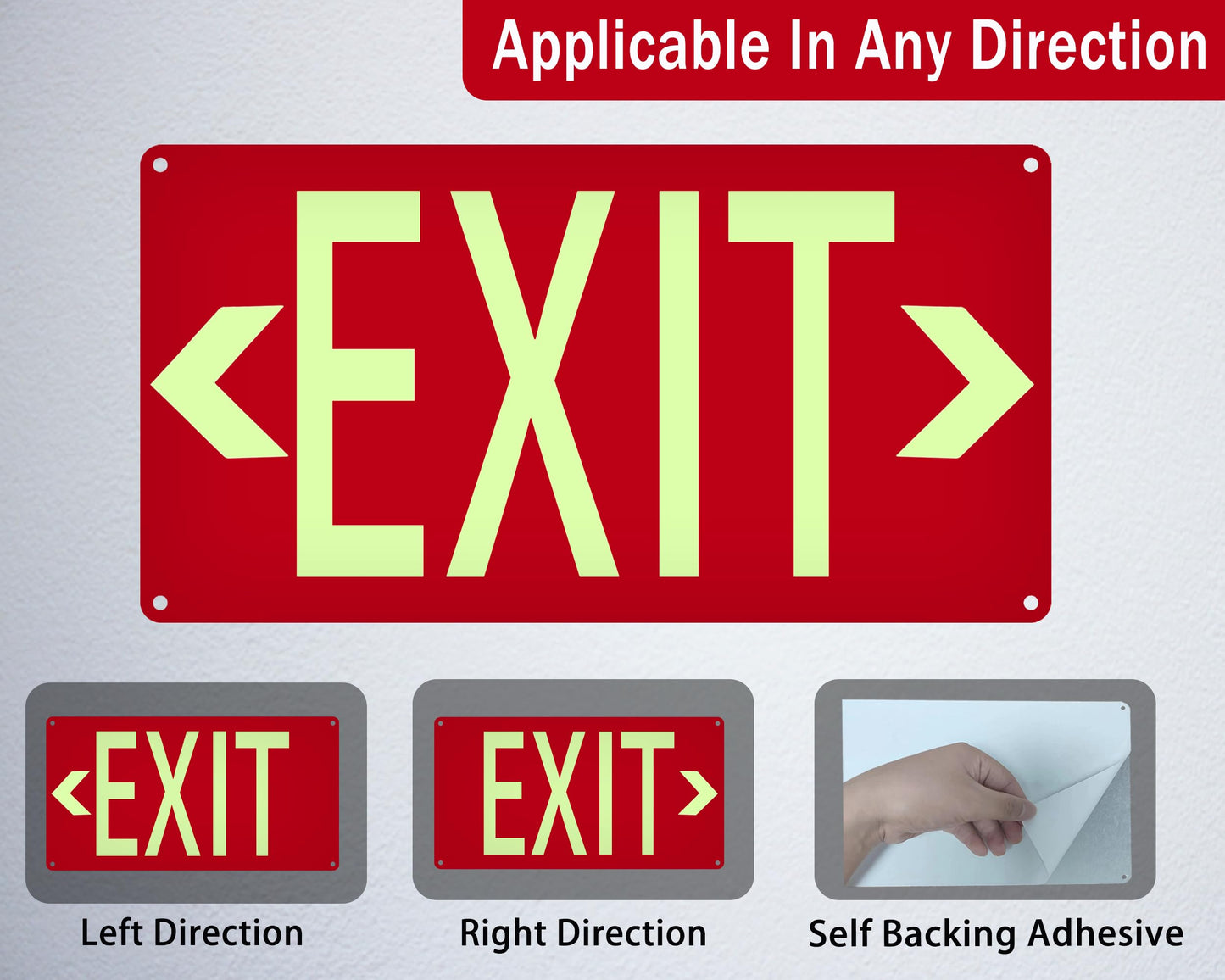 (3 Pack) Photoluminescent Exit Sign Red - with Removable Directional Arrows, With strong self adhesive tape, 14.25 x 7.5 Inches Heavy Duty Aluminum Signs, Fade Resistant