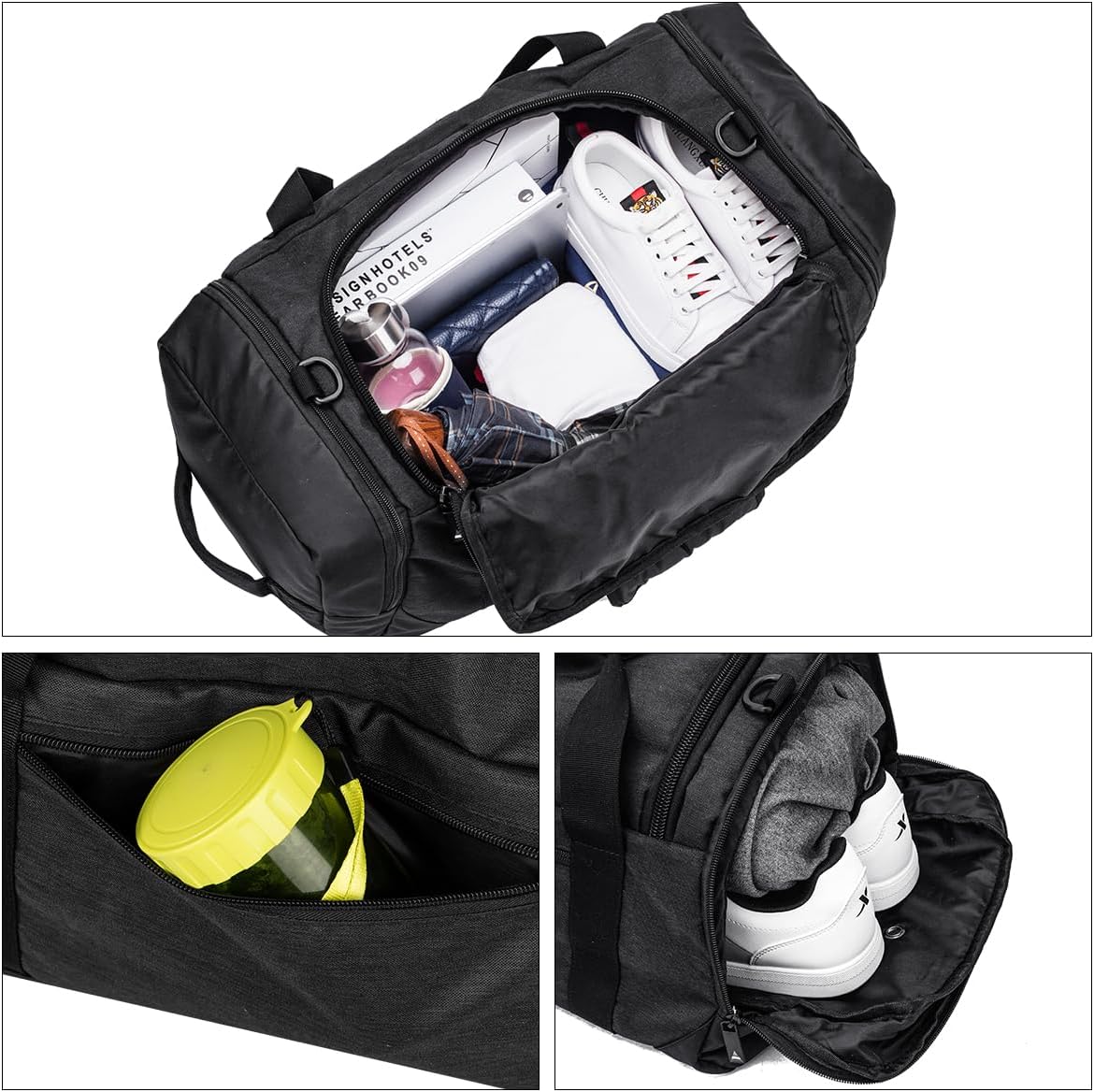 Skiennix Gym Duffle Bag - Waterproof Sports Duffel with Shoe Compartment | Black Travel Weekender for Men & Women