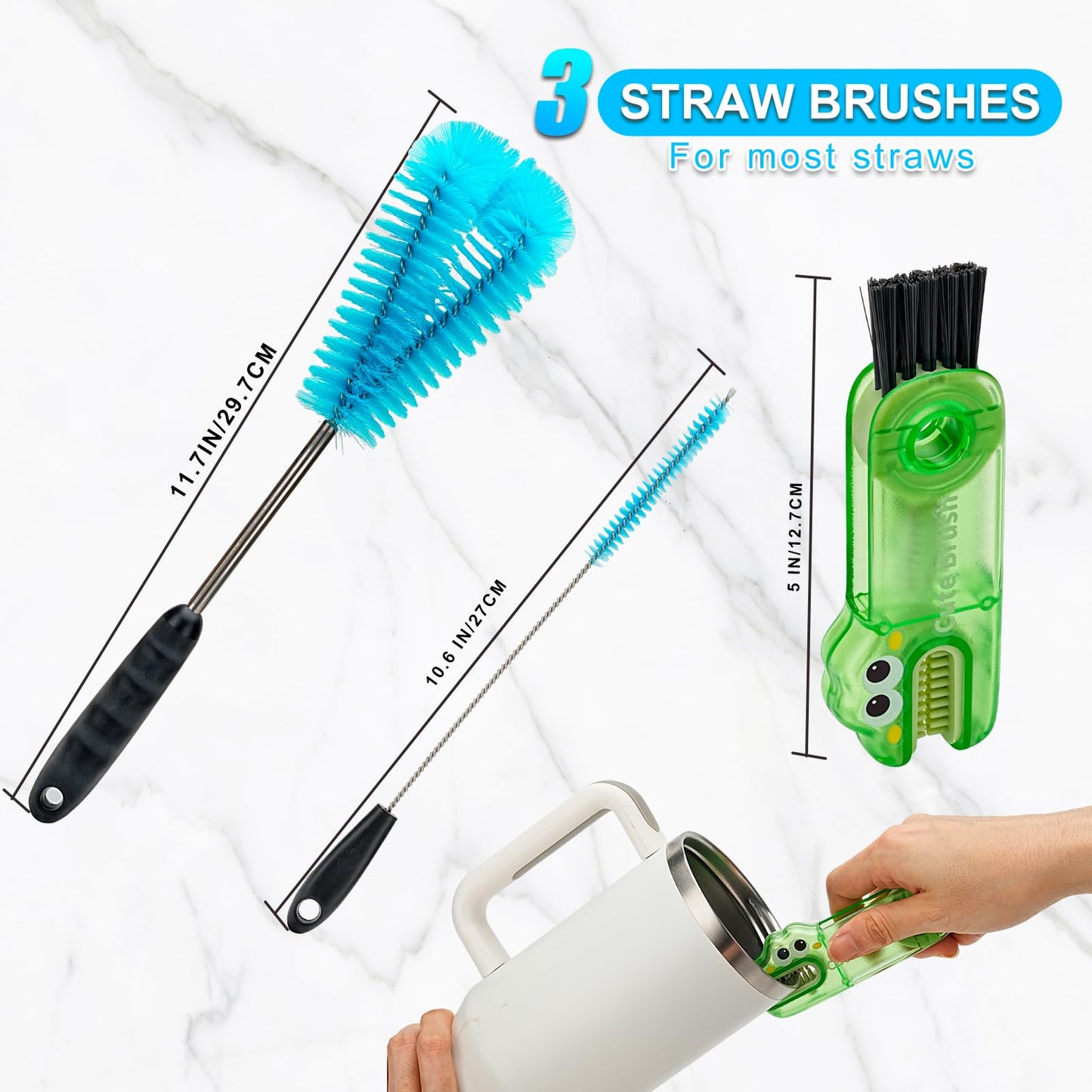 4 Pack Bottle Brush Cleaner Set, Long Reach Water Bottle Brush, Straw Brush and 3-in-1 Multi-Use Cleaner, Compatible with Stanley Cups, Baby Bottles, Travel Mugs, Tumblers, and Straws (Blue)