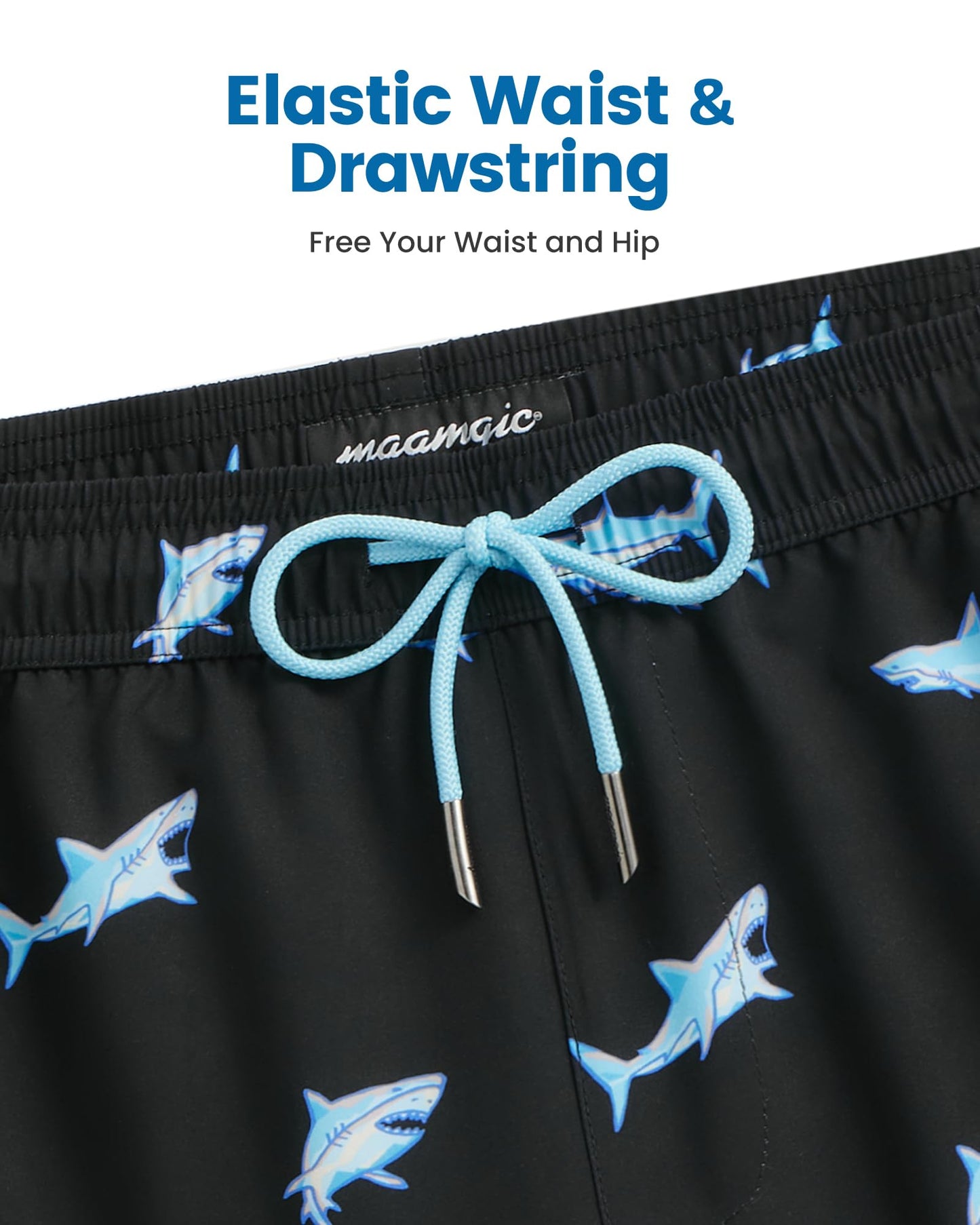 maamgic Mens Swim Trunks with Compression Liner 5 Inch, Quick Dry Bathing Suit with Zipper Pockets, Stretch No-Chafing Swim Shorts, Blue Shark X-Small