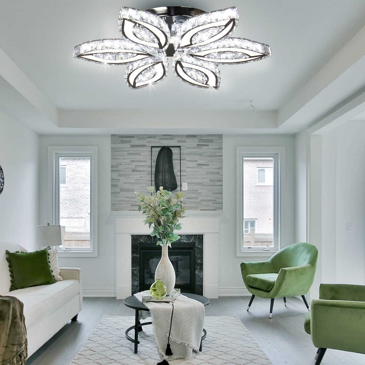 CLAIRDAI 20" Modern Crystal Chandelier, Flower Led Chandelier with K9 Crystal Acrylic, Cool White 6500K, 20" x 20" x 3.1" for Living Room