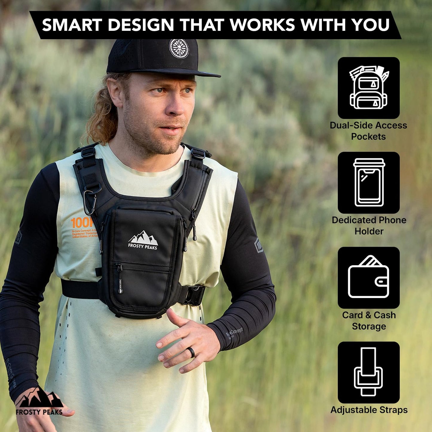 FROSTY PEAKS Chest Pack for Hiking, Skiing, Running & Travel, Minimalist Chest Rig Bag with Easy-Access Phone Pouch, Dual-Access Pocket, Card & Cash Slot, Adjustable Vest Pack for Men & Women