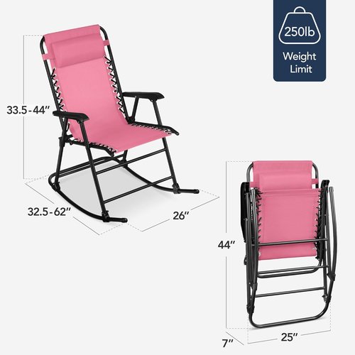 Best Choice Products Zero Gravity Rocking Chair - Folding Reclining Patio Lounge with Adjustable Pillow | Pink