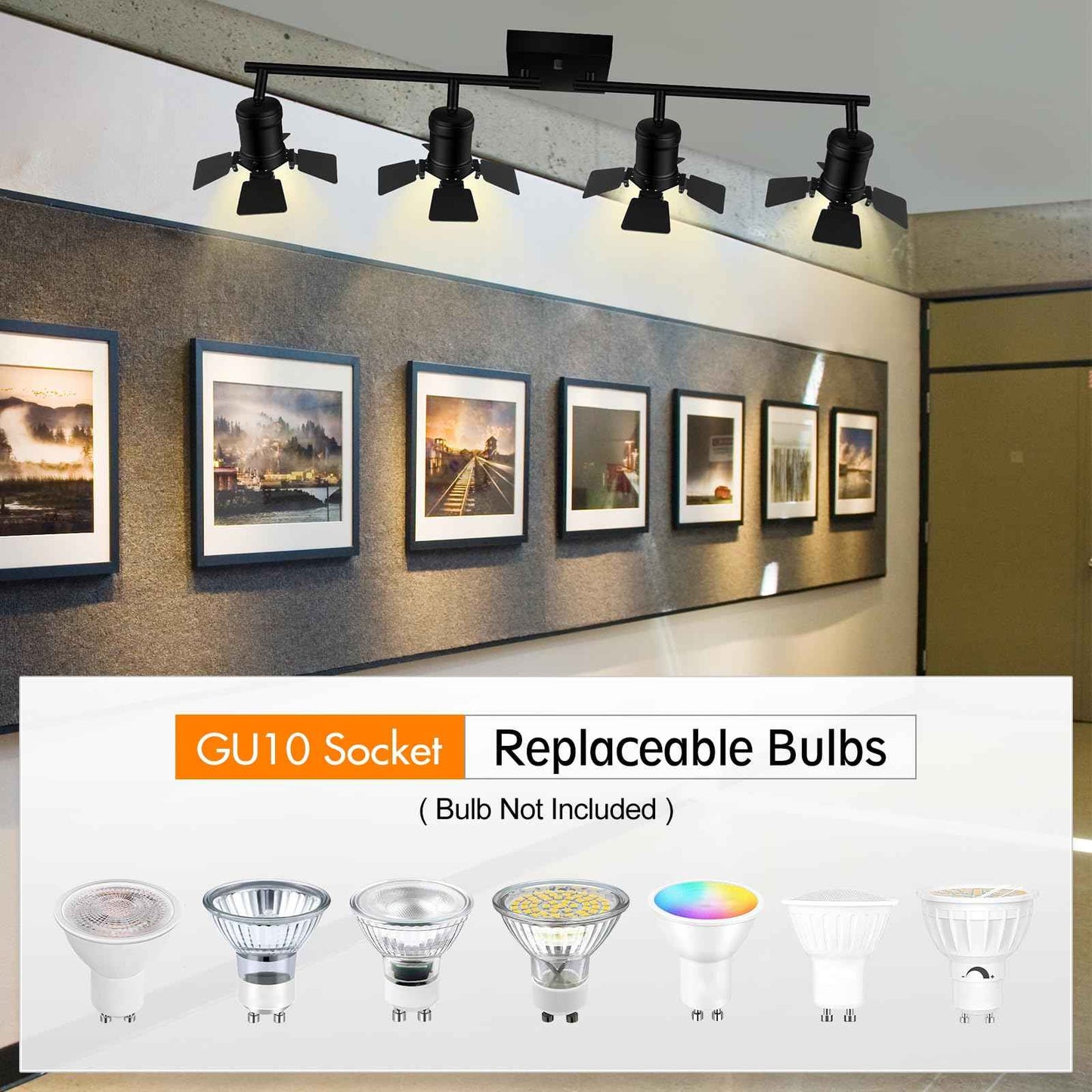 Bricosmocon 4 Light Track Lighting Fixtures Ceiling, Black Track Lighting with Rotatable Heads, Vintage Industrial Ceiling Spotlight Light for Kitchen/Living Room/Bedroom,GU10 Bulb Not Included