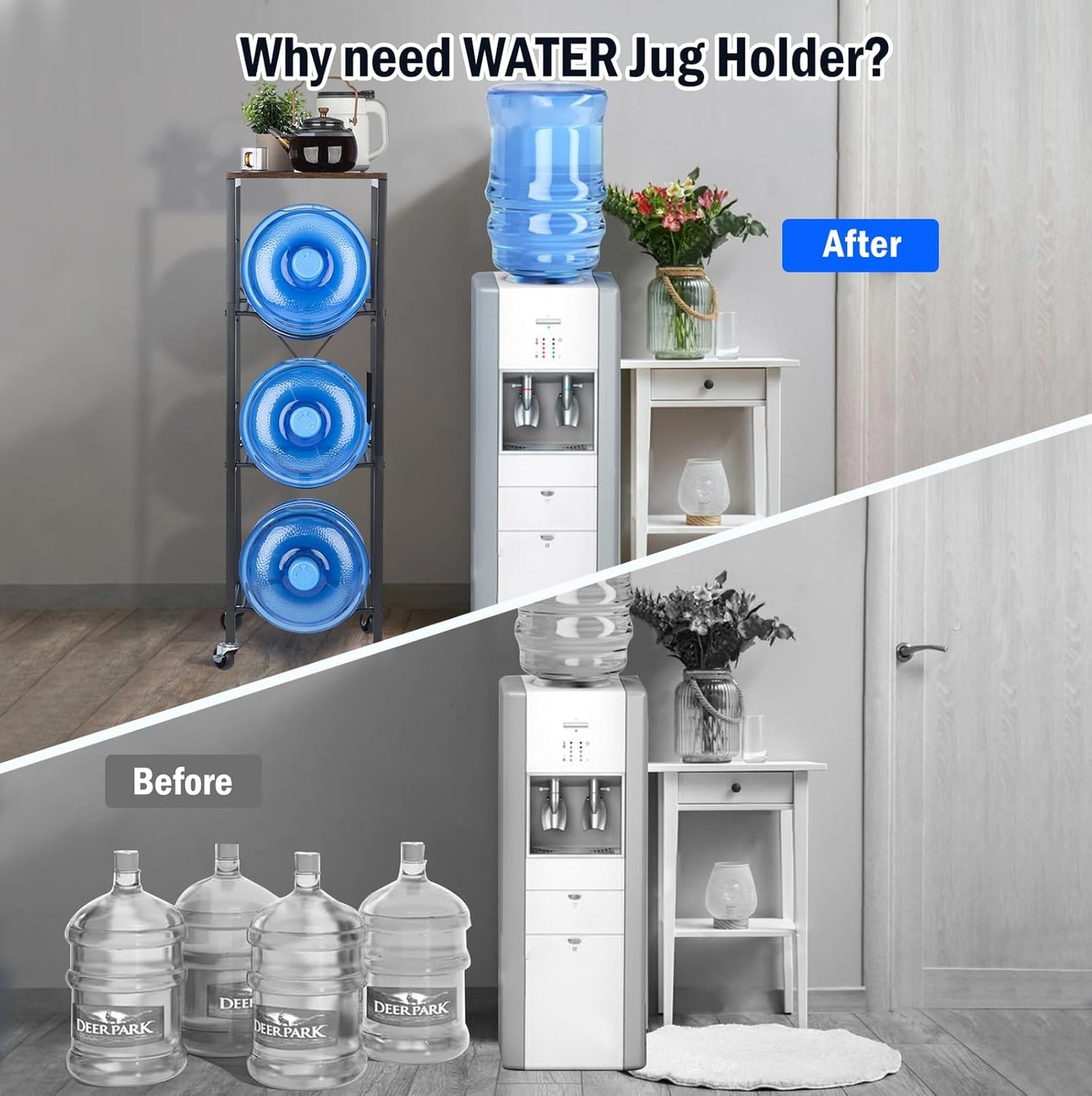 5 Gallon Water Jug Holder with Wheels - 3-Tier X-Shape Rack for Kitchen & Office Storage