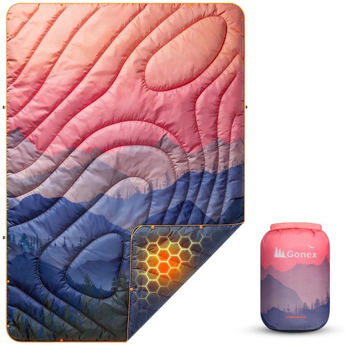 Gonex Camping Blanket with Aero-Warmth Breathable Layer - Puffy Printed Packable Blanket, Ultralight Wearable Water-Resistant Quilt, 79" X 55" for Camping, Beach, Hiking, Travel, Picnics(Sunset)