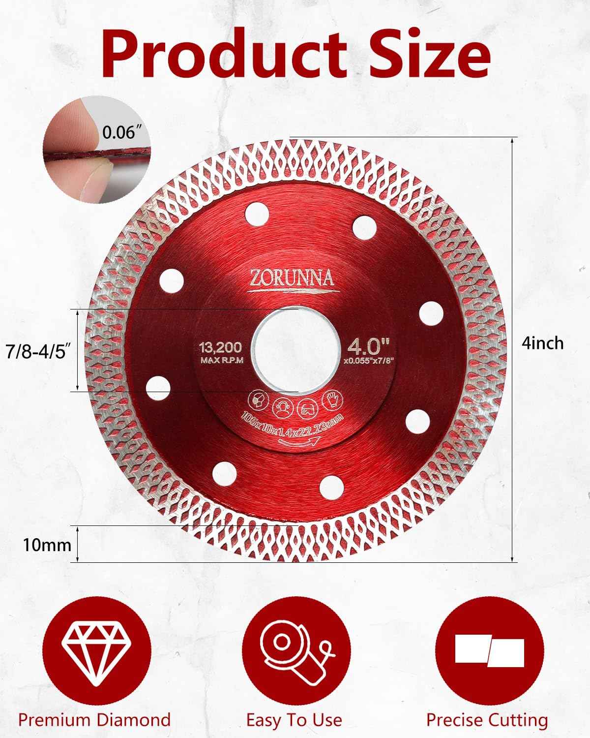 ZORUNNA 5Pcs Diamond Saw Blades, 4" Diamond Blade for Angle Grinder, Chip-Free Cutting Tile Grinder Blade Dry and Wet Cut for Porcelain Ceramic Granite Marble.