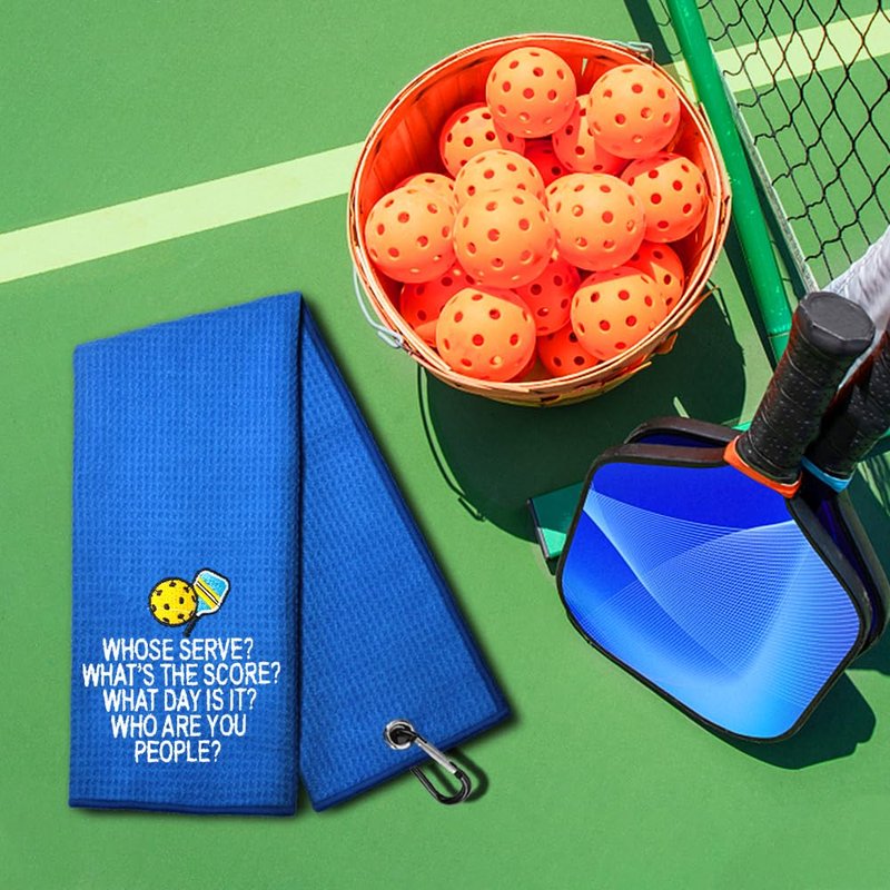WUUCKOO Whose Serve Whats The Score Embroidered Towel, Funny Towel for Bag with Clip, Player Gift, Birthday Retirement Gift for Grandpa Pickleball Lover