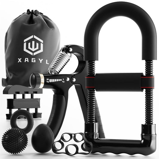 Hand Grip Strengthener Kit with Wrist Strengthener - Ultimate Hand Exerciser Set for Forearm Workout, Adjustable Grip Strength Trainer, Stress Relief Ball, Exercise Ring, Training and Recovery (BLACK)