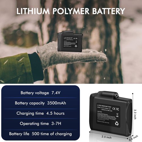 BSROBOTIC 7.4V 3500mAh Lithium Polymer Batteries - 2pcs Rechargeable Li-Polymer Batteries for Heated Gloves Socks Hats Jacks. Support 3.5mm Female DC Jack, Suitable for Skiing, Hunting, Hiking