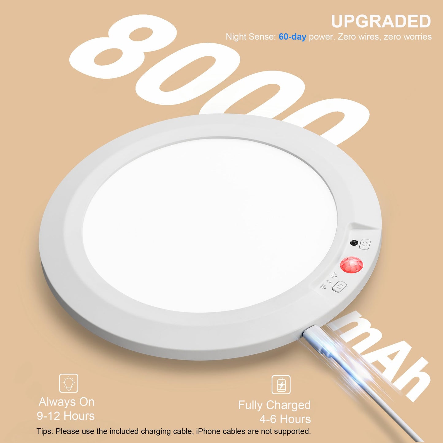 APCENS Ultra-Thin Rechargeable Motion Sensor Ceiling Light with Remote, 8000mAh Battery, Dimmable, Timer, 5 Color Temperatures, Magnetic Ceiling/Wall Mount for Stairs, Closet, Hallway(1, 7.5inch)