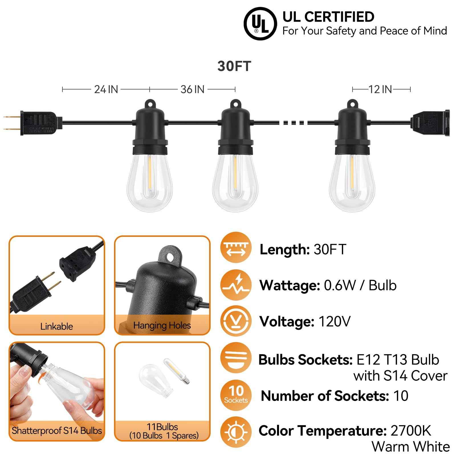 Adirxon 30FT LED Outdoor String Lights Dimmable Shatterproof S14 Bulbs IP44 Weatherproof Hanging Lights for Small Patio Balcony Tent DIY Project