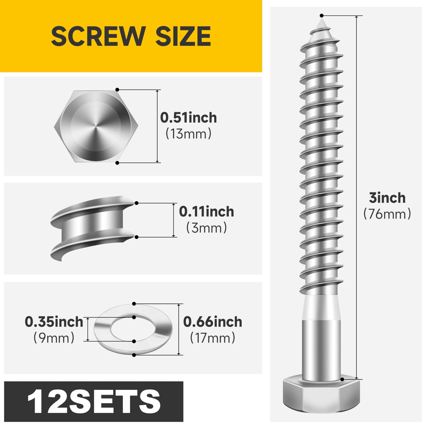 MYWISH (12Sets) 5/16" x 3" Hex Head Lag Bolts, Heavy Duty Lag Screws with Washers, 304 Stainless Steel Bolts 18-8, Lag Screws Wood Screws, Partial Thread Bright Finish, 5/16 Bolt