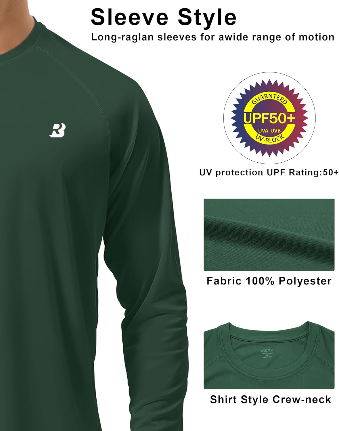 Roadbox Men's UV Sun Protection Shirt - UPF 50+ Long Sleeve Rash Guard for Fishing & Hiking