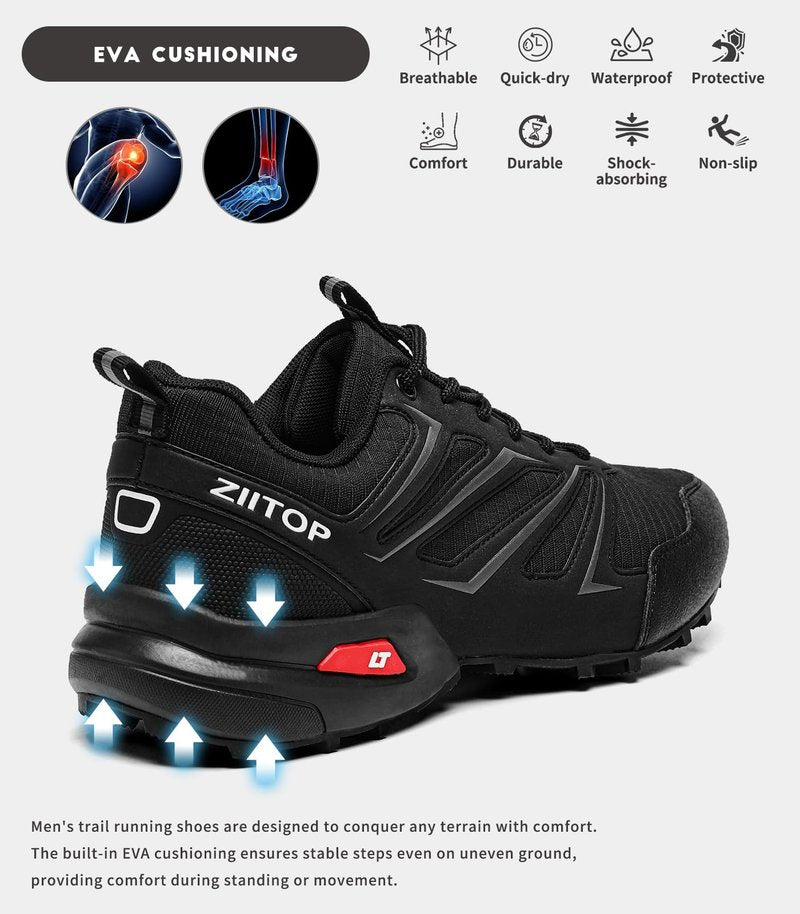 Mens Trail Running Shoes Waterproof Non-Slip Hiking Walking Sneakers for Outdoor Trailing Trekking Camping Quest Black