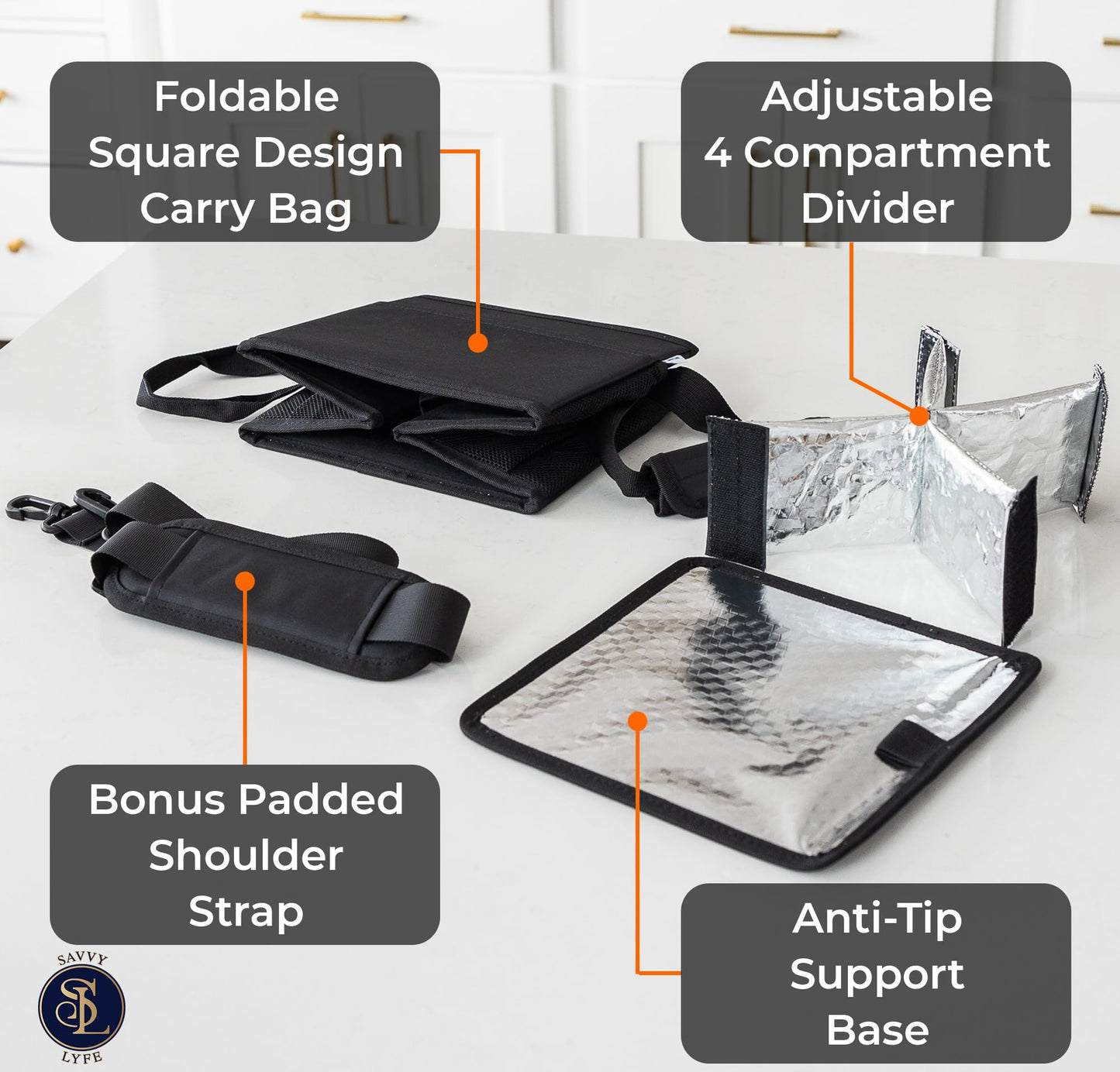 Savvy Lyfe Reusable Drink Carrier with Handle – Tip-Resistant 4 Cup Carrier with Shoulder Strap for Delivery – Insulated, Foldable, Adjustable Dividers – Portable Caddy Tote Bag, Drink Holder for Car
