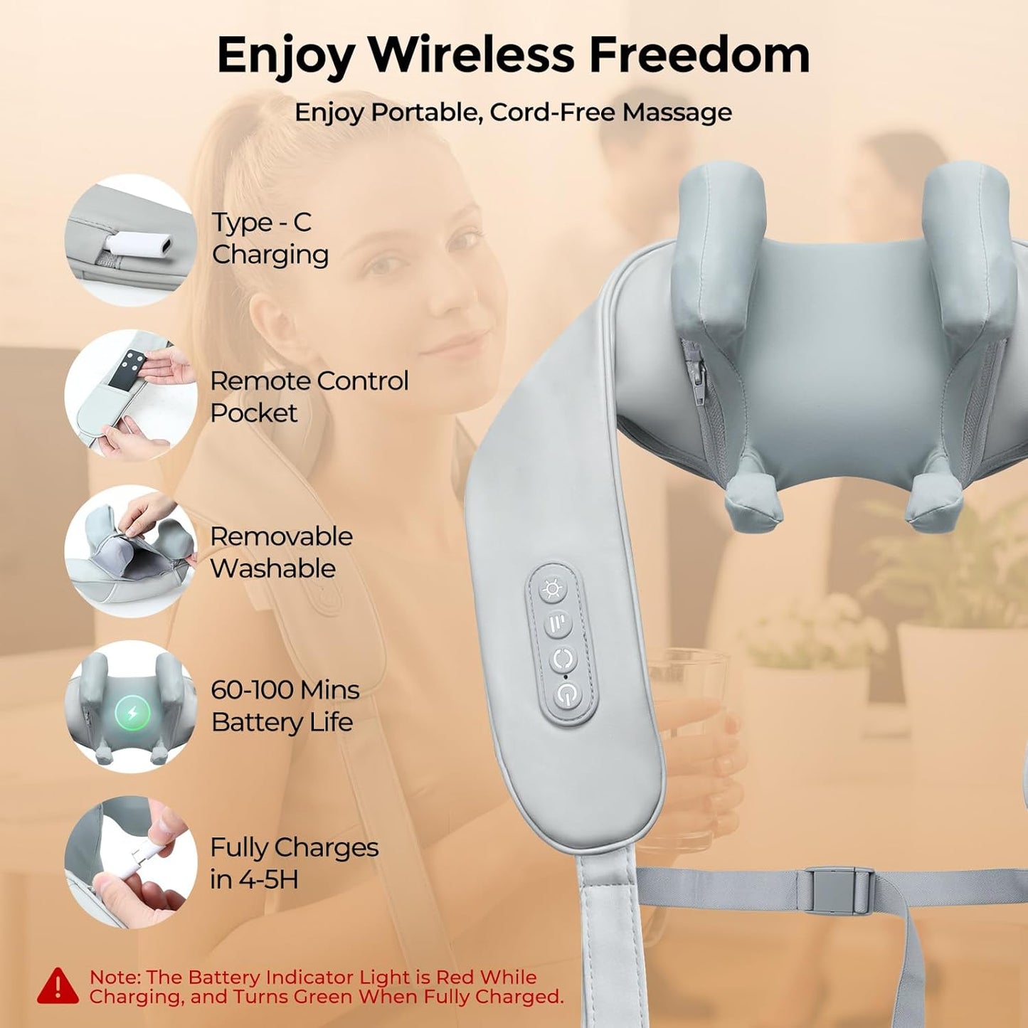 Skiennix Neck Massager - Shiatsu Heat Therapy for Pain Relief | 6D Deep Tissue Kneading, Portable Gray Design