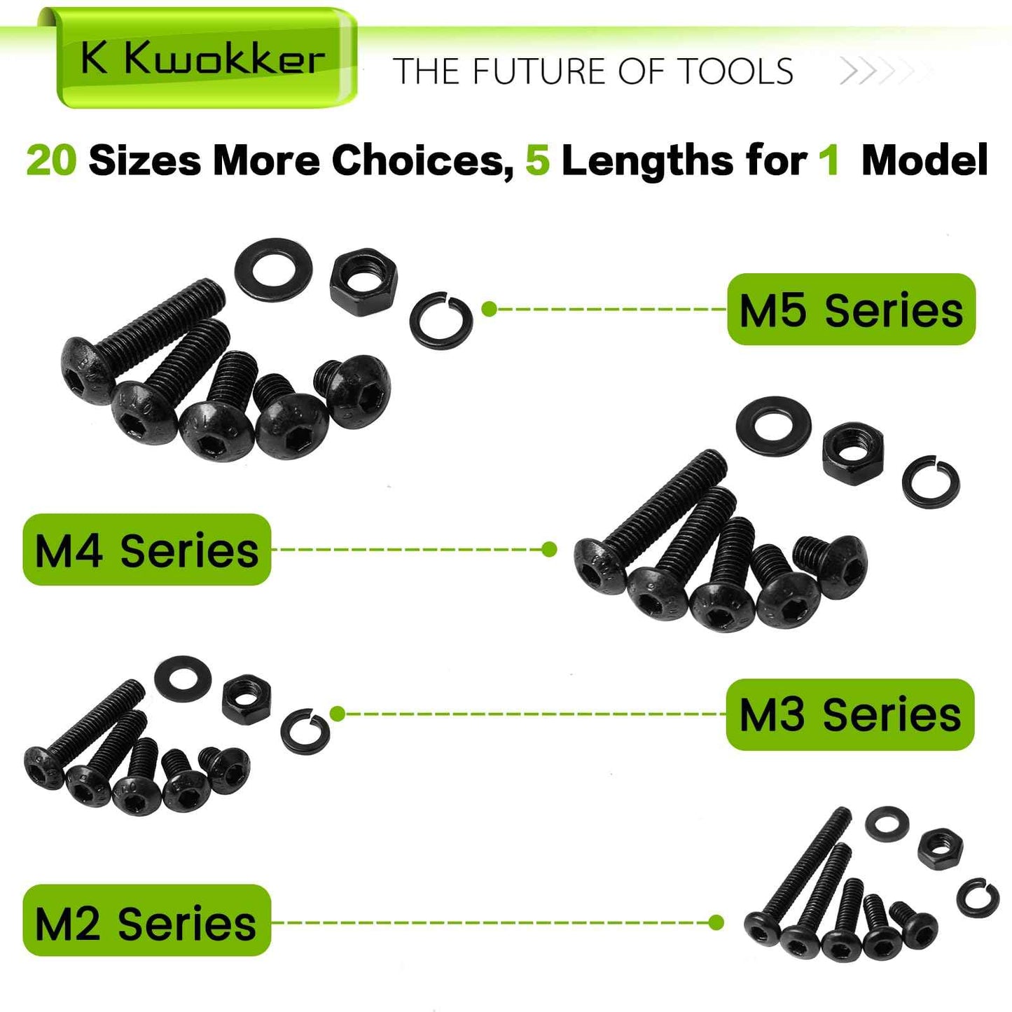 K Kwokker 2410Pcs M2 M3 M4 M5 Nuts and Bolts Assortment Kit 4MM to 20MM Upgraded Zinc Plated Hex Button Head Cap Metric Machine Screws, 10.9 Alloy Steel Bolts and Nuts Kit w/Lock Washers for Screws