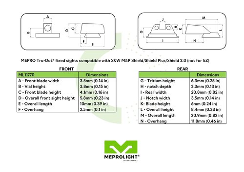Meprolight tritium Night Sights Compatible with S&W M&P Shield Shield Plus Shield 2.0 Green tritium dots Glow on Sight self Illuminated Meprolight Fixed Metal Sights