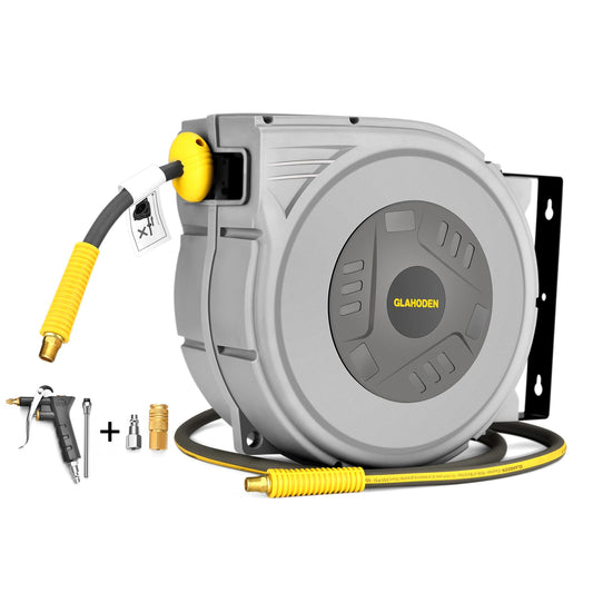 GLAHODEN Enclosed Retractable Air Hose Reel, 3/8 in x 50 Ft Hybrid Hose Air Compressor Hose Reel with 5 Ft Lead in Max 300 PSI Patented Design for Any Length Lock 180°Swivel Bracket Quick Coupler