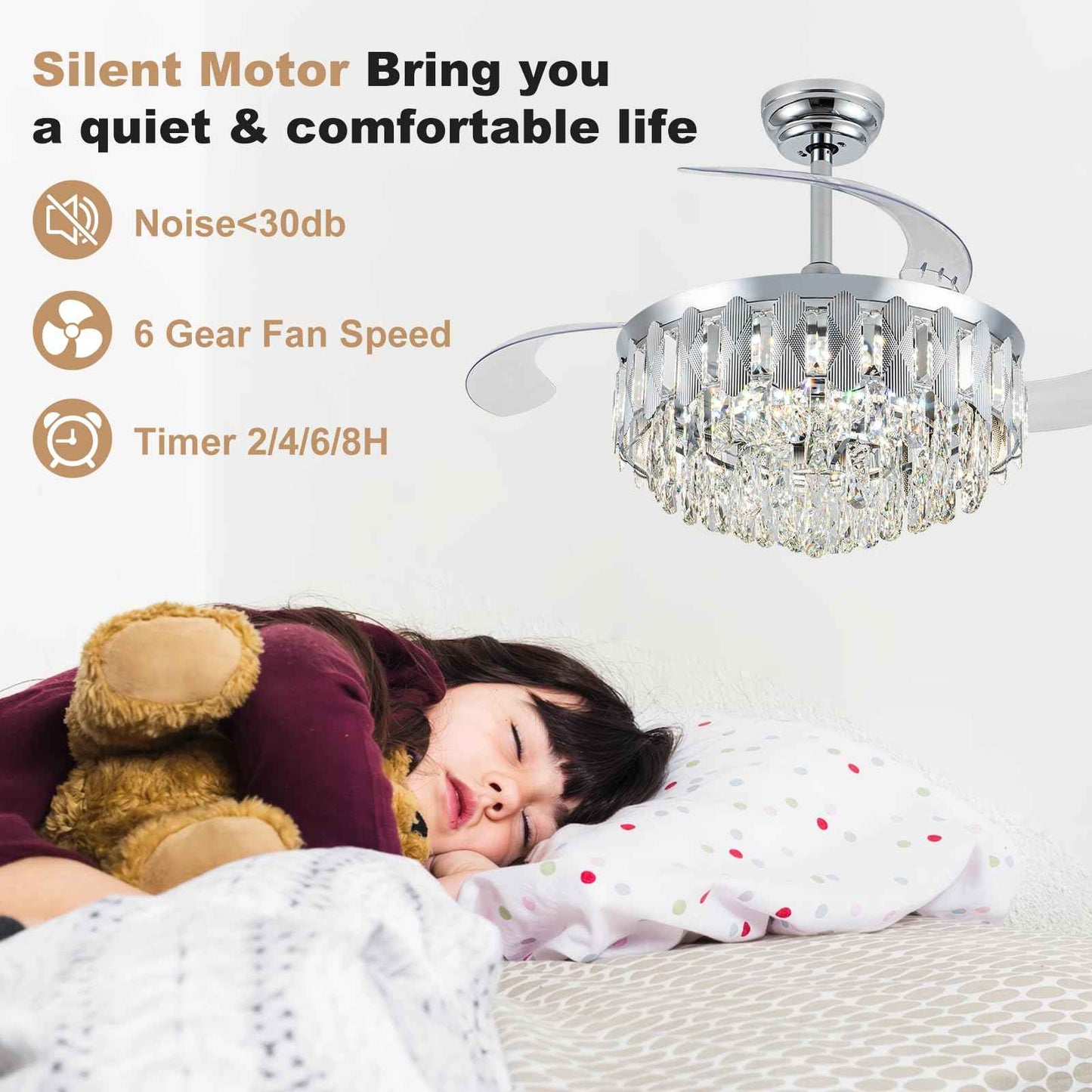 illus illumination 36in Fandelier Ceiling Fans with Light, Modern Crystal Chandelier Ceiling Fans, Remote & APP Control, Retractable Reversible 3 CCT LED Dimmable for Living Room Bedroom (Silver)