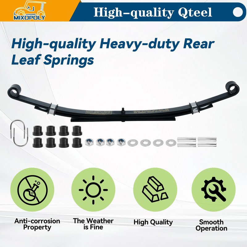 Mixopoly 3-Leaf Golf Cart Rear Leaf Springs Replacement for Club Car DS 1981-Up Electric and Gas, Heavy Duty with Bushings, Sleeves, and U Bolts Replace OEM #102006501 1014675 1011149 1012618