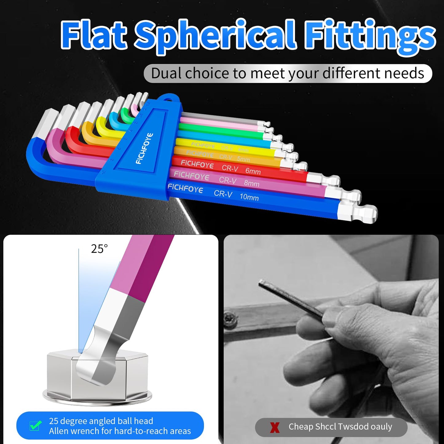 FICHFOYE 9PCS Metric Allen Key Set, Color Coded Hex Key, 1.5-10MM Anti-Slip Long Ball End Hex Wrench Set Ideal for Dismantling Machinery, Equipment, Vehicle, and Bicycle Maintenance