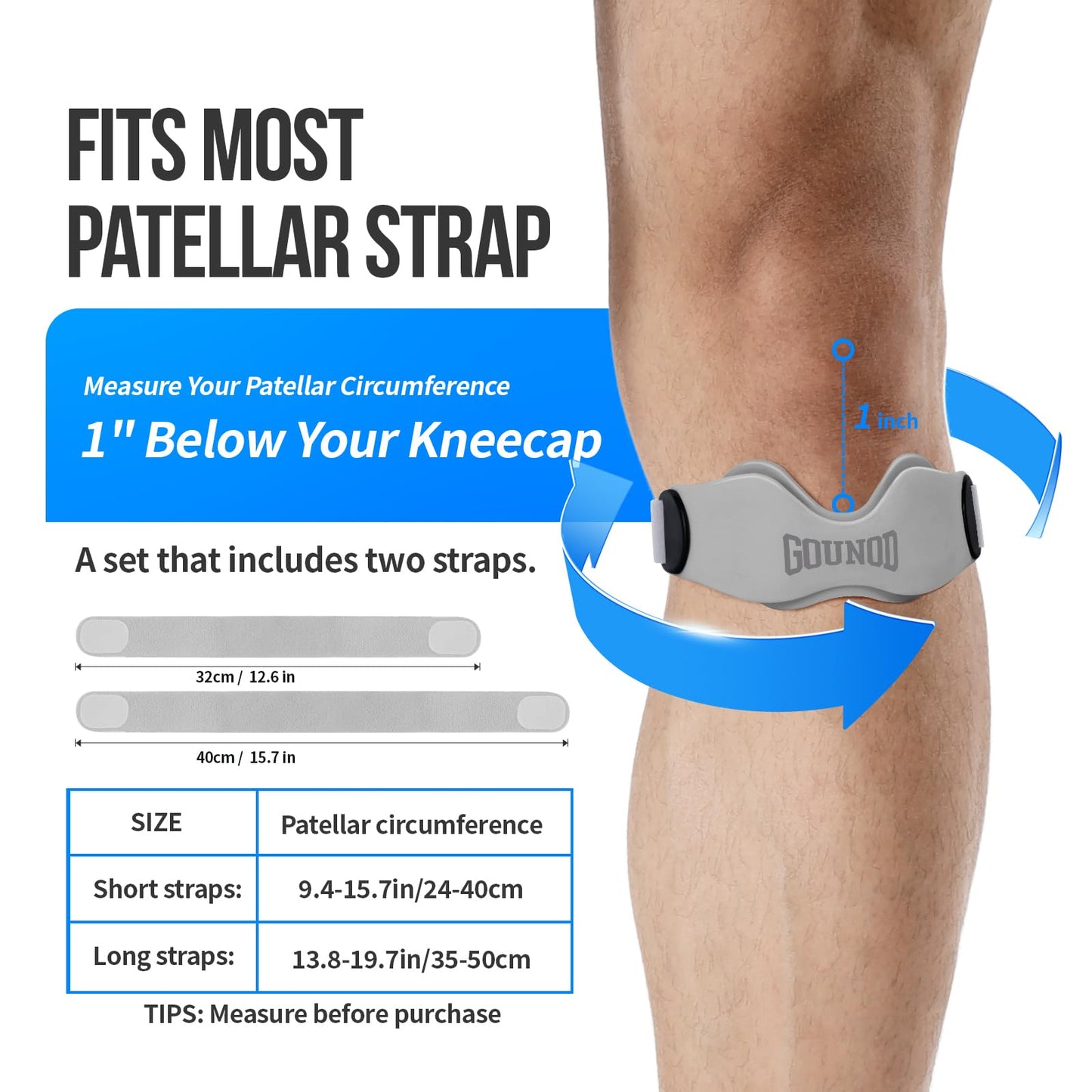 GOUNOD Patellar Tendon Support Strap 2 Pack,Silicone Knee Strap for Knee Pain Relief,Patella Band for Basketball, Jumpers Knee, Tendonitis, Running, Hiking, Soccer, Osgood Schlatter（Grey）