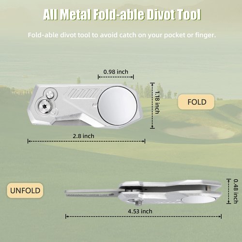 Mile High Life 4 Pieces Golf Divot Repair Tool w Magnetic Golf Ball Marker | All Metal Foldable Divot Tool w Pop-up Button | Golf Accessories for Men