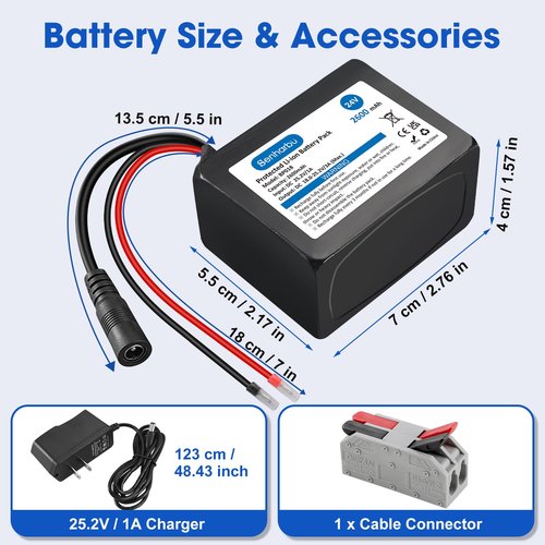 Senharbu 24V 2.6Ah Lithium Ion Battery 24 Volt Rechargeable Battery Replacement with Charger, Charging Cable, Cable Connector