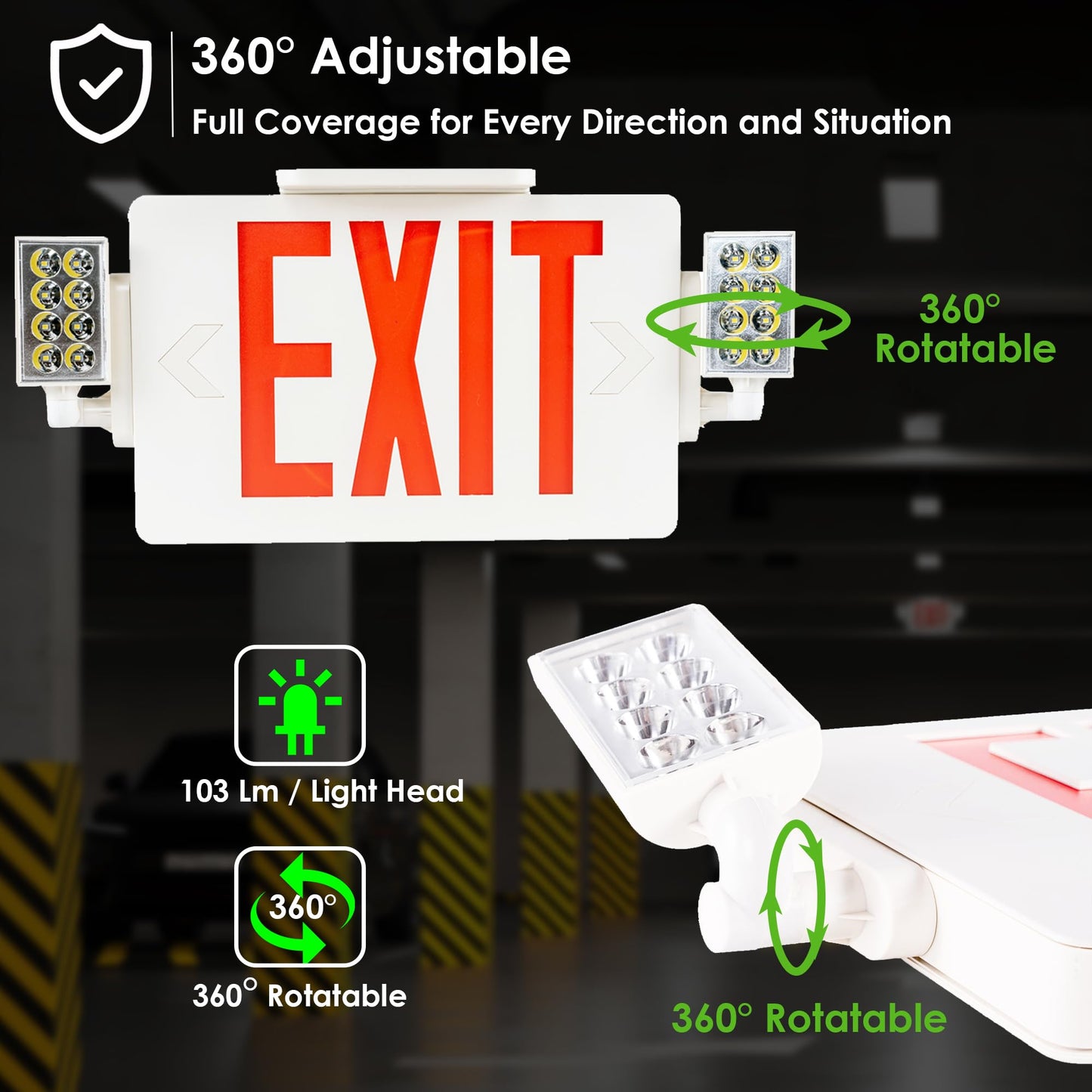 Gruenlich Exit Sign with Emergency Light, Double Face, Battery Backup