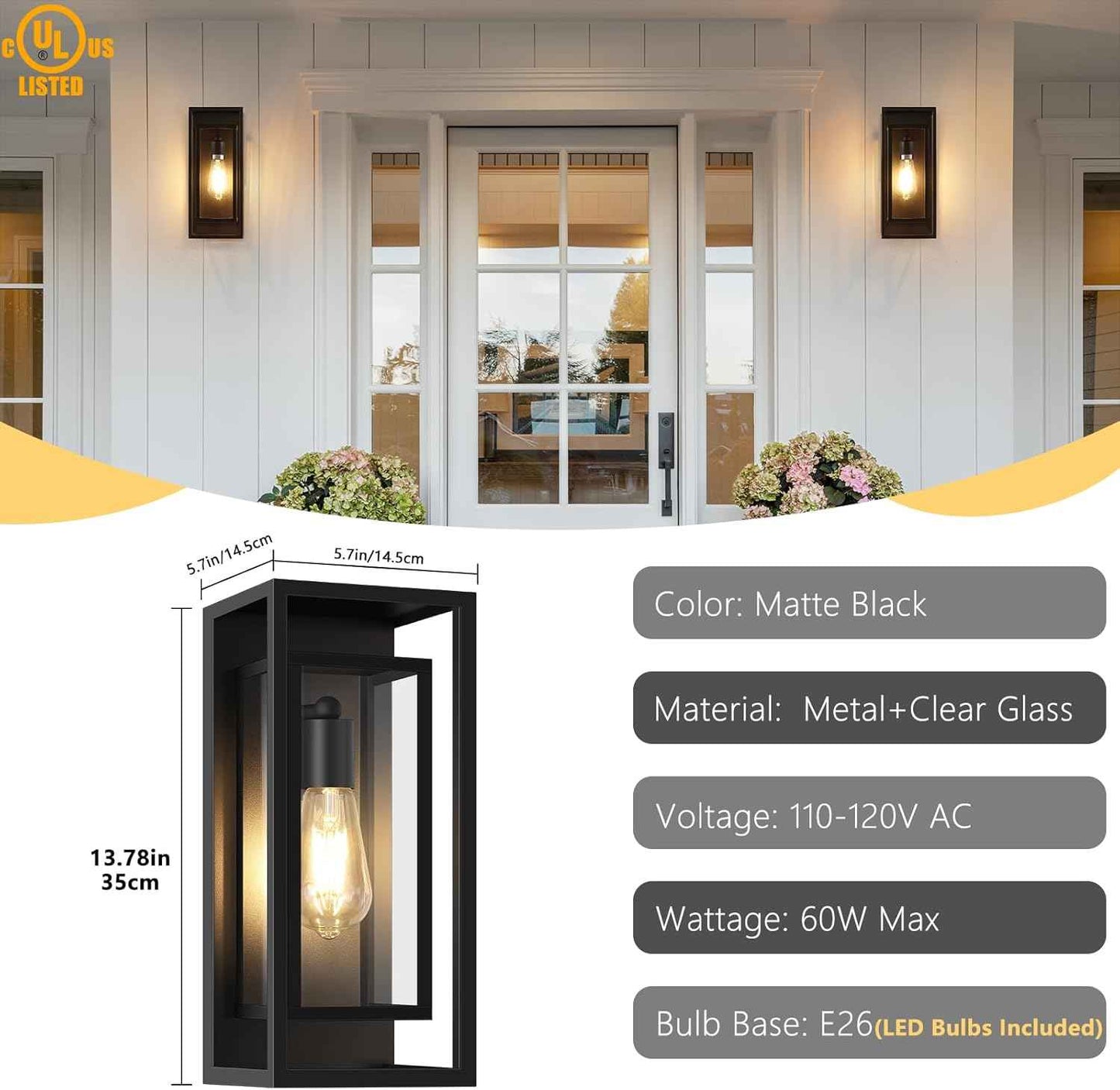Waterproof Black Outdoor Wall Lanterns - 14'' Sconces with Clear Glass Shade, Anti-Rust, 2-Pack for Porch, Patio & Garage