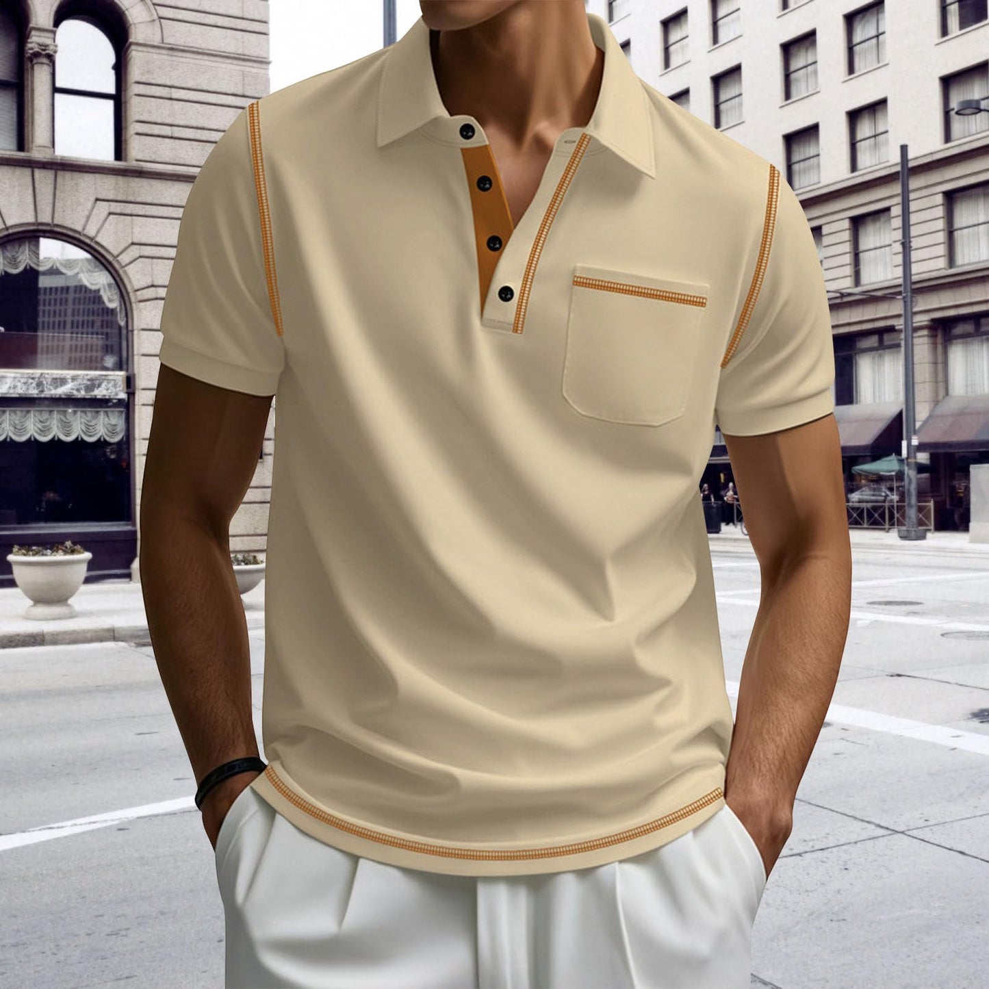 Men's Polo Shirts Button Down Collared Top Short Sleeve V Neck Solid T-Shirt Fitted Comfy Soft Casual Tops Summer Tees Beige