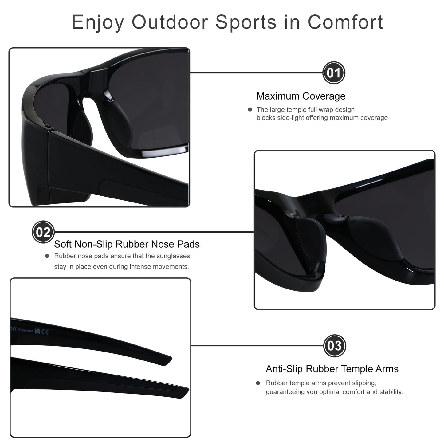 LYZOIT Polarized Sports Sunglasses for Men Women Wrap Around Unbreakable Frame Driving Fishing Cycling Running UV400 Protection Black
