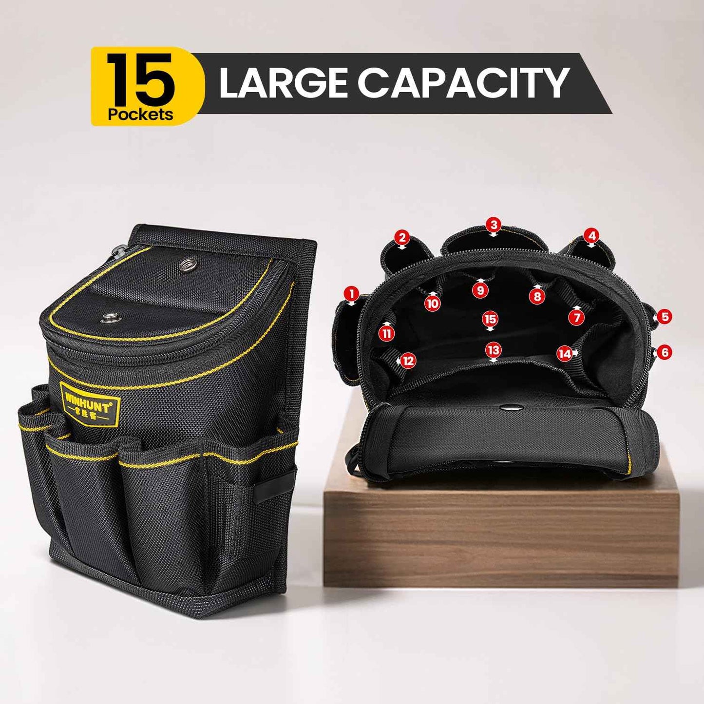 WINHUNT Tool Belt Pouch with Multiple Pockets, Heavy Duty Construction Belt Bag, Black and Yellow, Storage for Electrician Tools