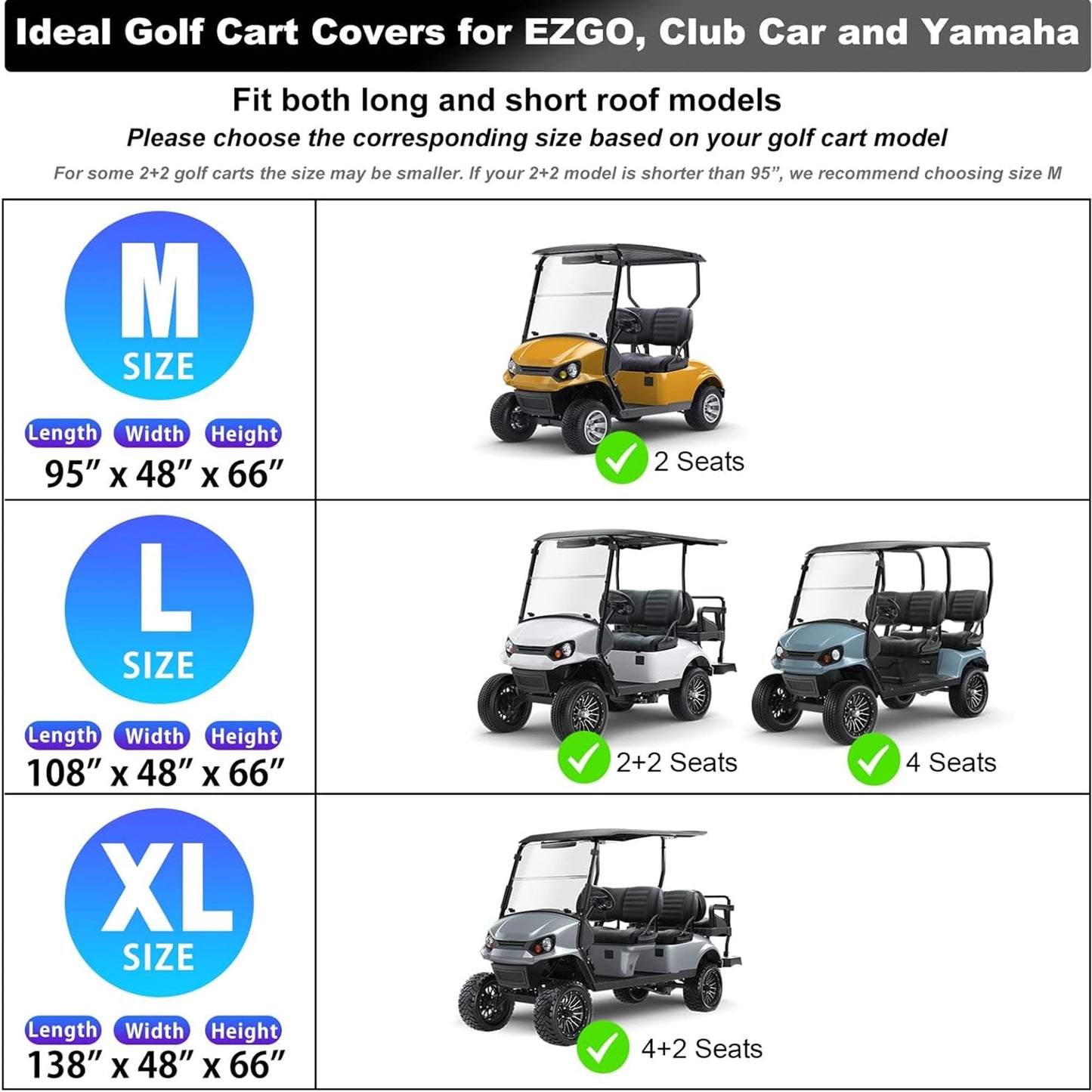 Rosefray Golf Cart Cover 420D Waterproof Innovative 360° Windproof Design, Fits for Club Car, EZgo, Yamaha, and More 2+2/4 Passenger Golf Cart - Black/Blue