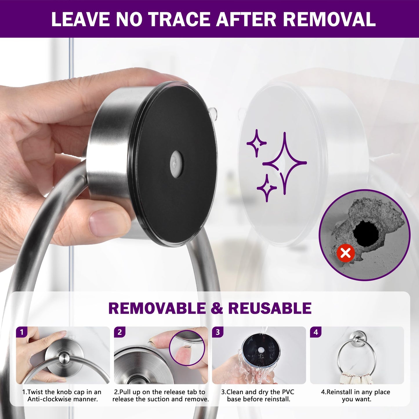 JOMOLA Stainless Steel Suction Cup Towel Ring Holder for Bathroom - Rustproof No Drill Wall Mount Towel Rack, Adjustable & Damage-Free Bathroom Accessories for Shower, Spa, Hotel, Brushed