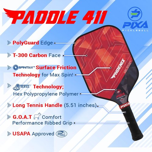 Phoenix T300 Carbon Fiber Pickleball Paddle – Grit-Textured Surface for Spin & Control, 16mm Polypropylene Honeycomb Core, Tennis-Length Handle, Lightweight, USAPA Approved – PIXA Pickleball