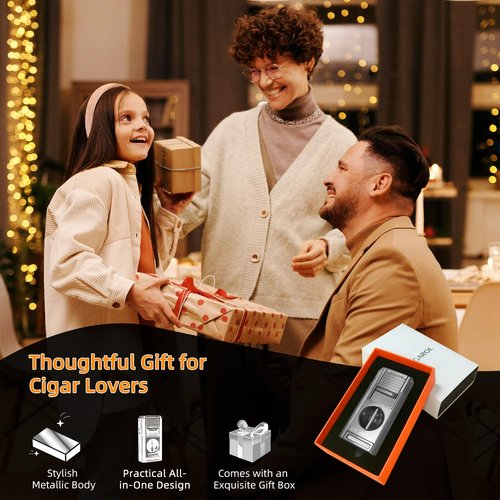 CIGAROL Cigar Lighter, 5-in-1 Cigar Torch Lighter, Double Jet Flame, V Cutter, Punch, Draw Enhancer & Cigar Rest – Butane Refillable Travel Cigar Lighter for Men