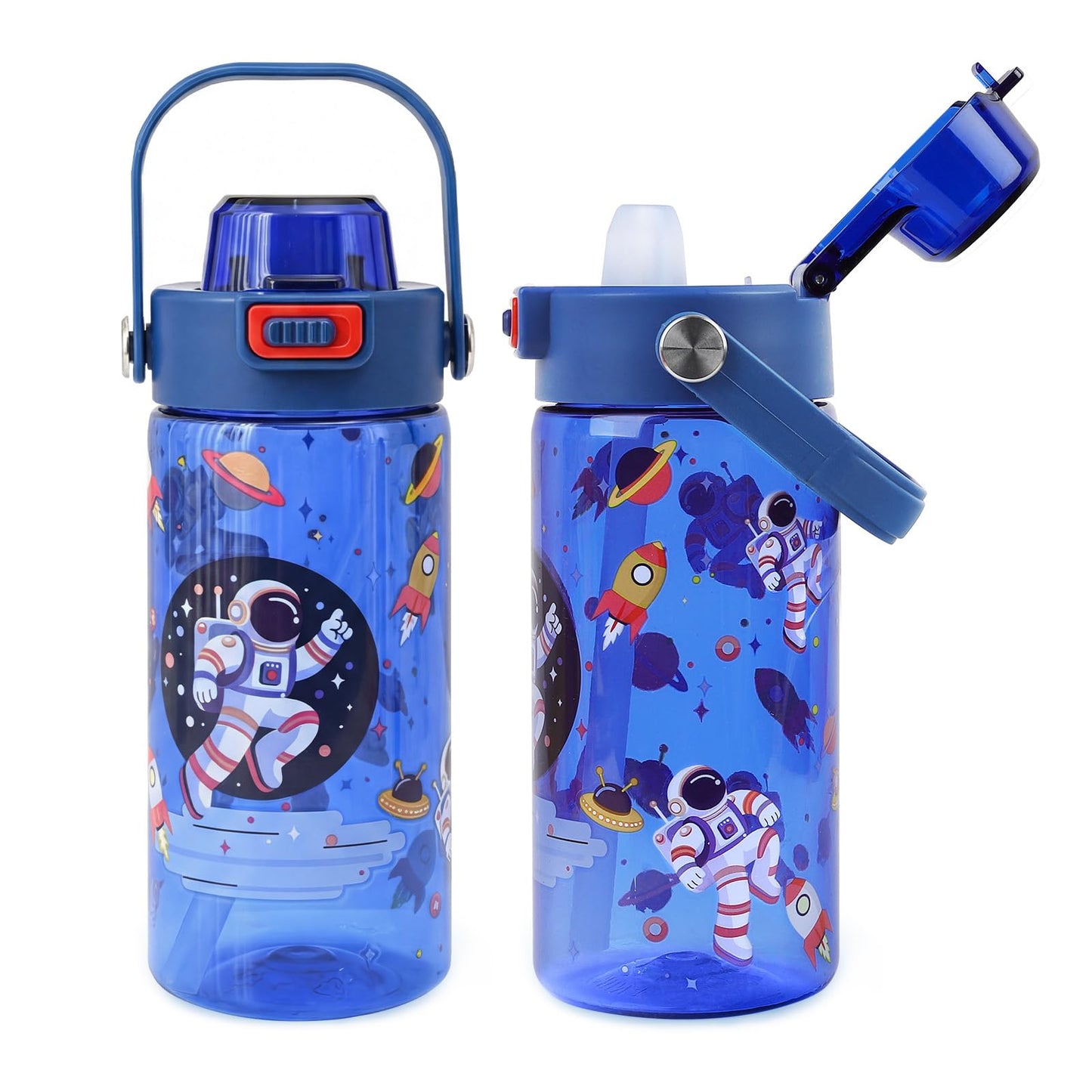 alldomess 20oz Kids Water Bottle For School or Travel, Leak-Proof & Dishwasher, Durable Plastic Sport Water Bottle With Straw and Handle, Astronaut